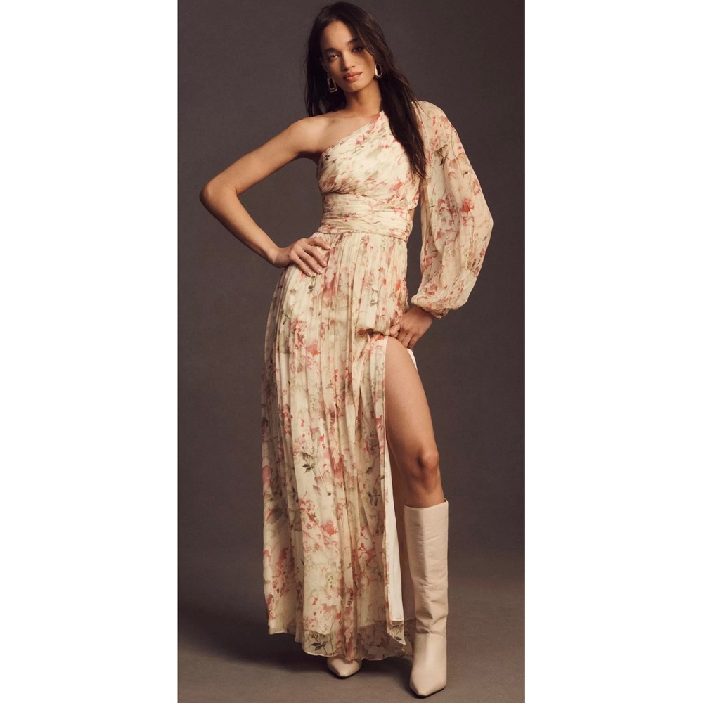 Anthropologie BHLDN Iris Floral One Shoulder Cutout Maxi Dress Cream Pink XL NWT
